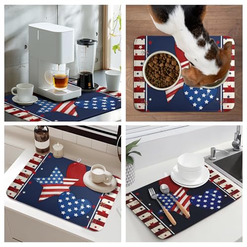 4th of July Star Dish Drying Mats Patriotic Hearts Dish Mat Blue Red Firework Drying Matt Dishes Dryer Pad for Kitchen Counter Absorbent Microfiber Washable Foldable Reusable 18x24 in