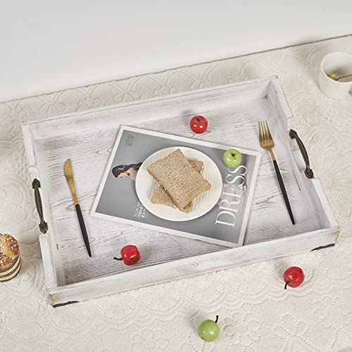 Large Wood Rectangular Serving Tray 20 x 14 Inch Rustic Wooden Ottoman Tray with Metal Handle and Wrapped Corners