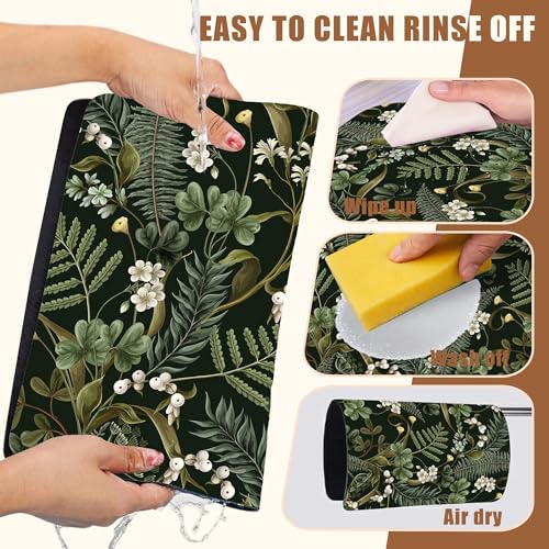White Flowers and Berries Coffee Mat Fern and Leaves Dish Drying Mat Absorbent Hide Stain Rubber Backed Coffee Bar Accessories Fit Under Espresso Machine Cafe Table