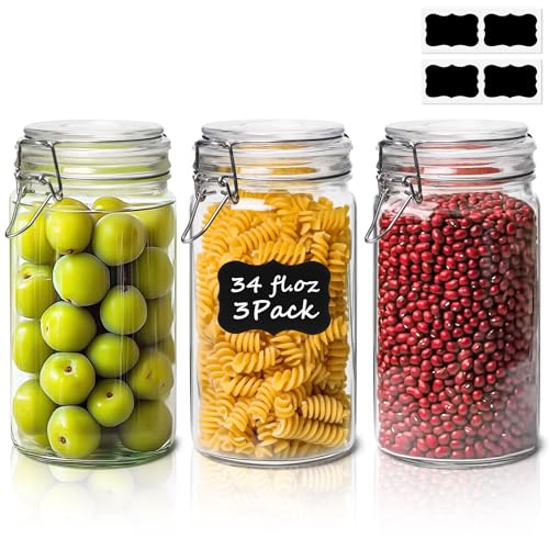 Glass Pantry Jars with Airtight Lids 34 oz 3 Pack Coffee Canisters (3 Count)