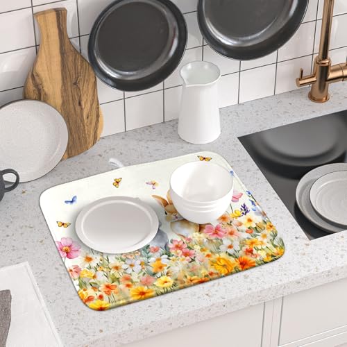 Spring Easter Rabbit Dish Drying Mat for Kitchen Counter