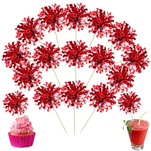 30Pcs Foil Firework Cupcake Toppers Happy Birthday Cake Toppers Tinsel Flower Drink Stirrers Cocktail Food Fruit Toothpicks for Valentine's Day Party Decorations Red (30 Count)