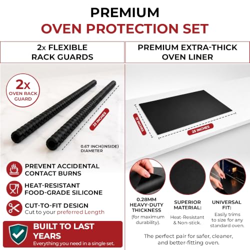 Oven Liners for Bottom of Oven 17"x 25" and Silicone Rack Guards Black 22" (4 Count)