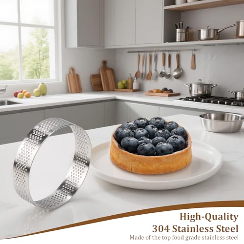 6pcs 304 Stainless Steel Round Tart Ring 3.15 inch Metal Perforated Cake Mold Pastry Molud for Circle Tartlet French Dessert Small Fruit Tarte Crust