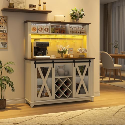 47" Wide 56" H Farmhouse Coffee Bar Cabinet with Power Outlet and LED Light