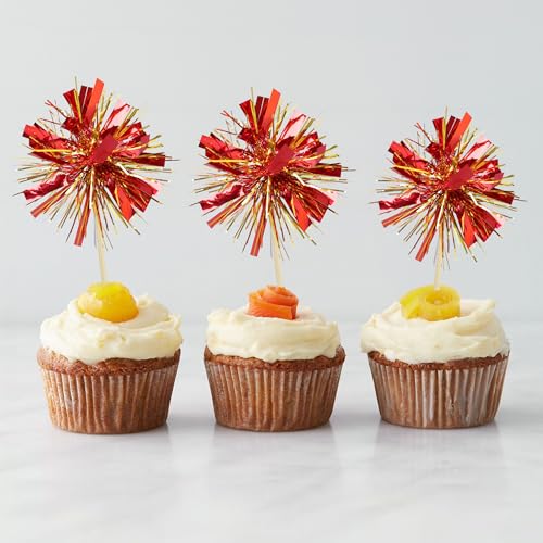 30Pcs Foil Firework Cupcake Toppers Sparkle Tinsel Cake Toppers Tinsel Drink Cake Decoration Cocktail Picks for Birthday Wedding Graduation Party Supplies Gold Red (30 Count)