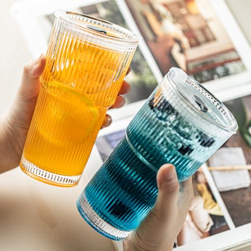 20oz Ribbed Drinking Glasses with Lids and Glass Straws