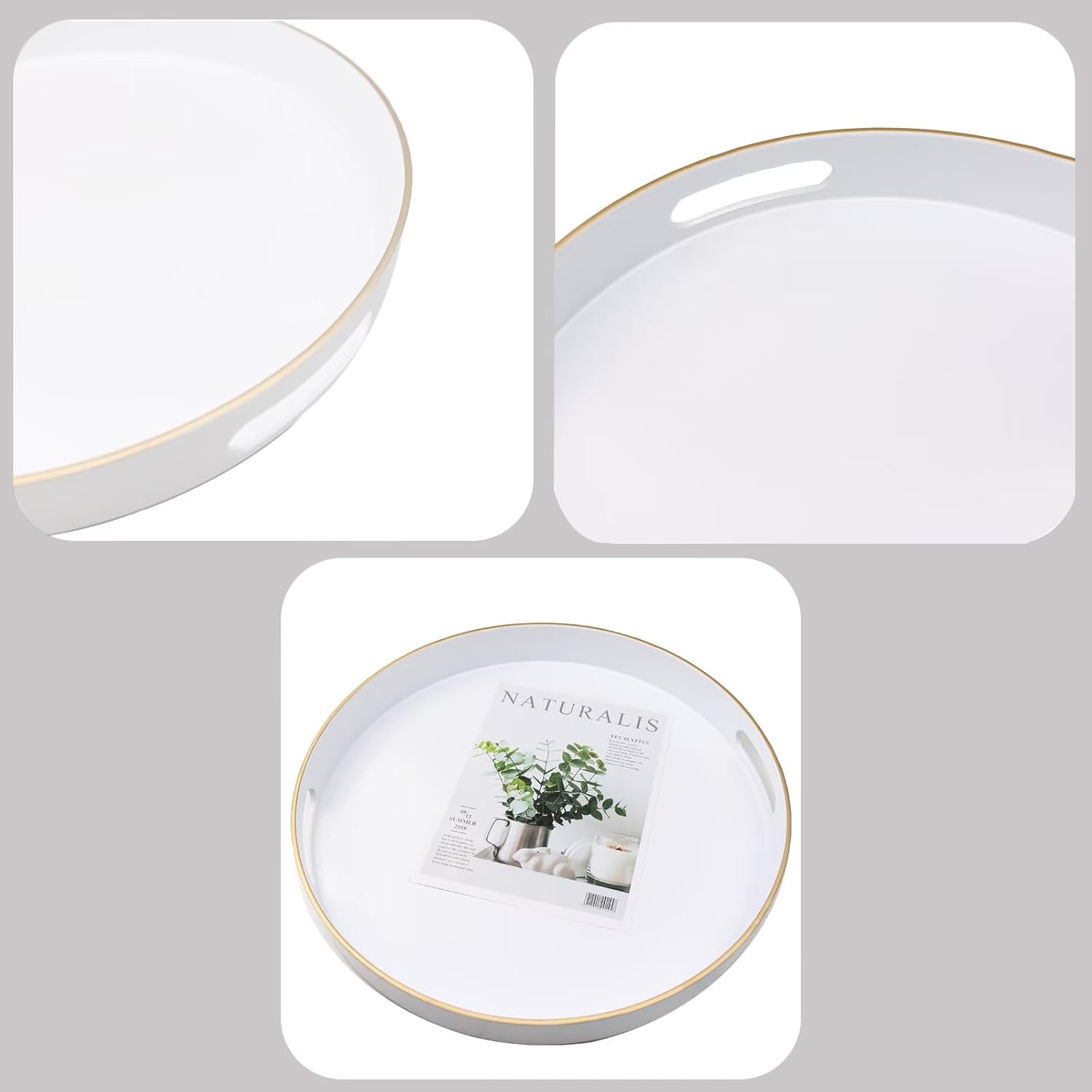 White Round Decorative Tray with Handles, 13" Versatile Serving Tray for Coffee Table, Ottoman, Ideal for Serving, Displaying, Organizing