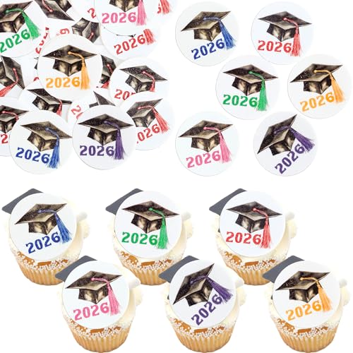 48Pcs Edible 2026 Graduation Theme Cupcake Toppers Wafer Paper Graduate Hat Grad Cap Cupcake Picks 2026 Students Graduation Theme Party Cake Decorations Supplies Multi (48 Count)