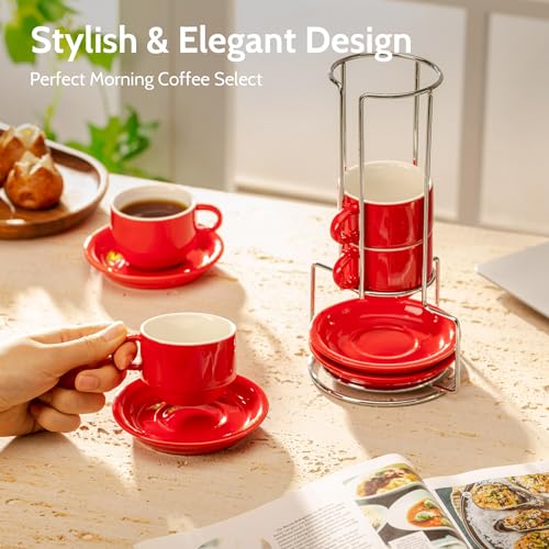 4 Ounce Porcelain Stackable Espresso Cups with Saucers and Metal Stand Set of 4