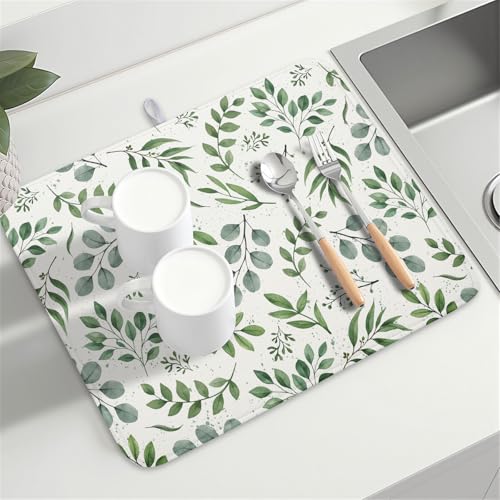 Sage Green Dish Drying Mat 18x24 In Absorbent Reversible Eucalyptus Leaves Plant Drying Mat Green Plant Dish Drying Rack Mat Spring Summer Themed Dish Drainer Mat for Kitchen Counter Coffee Bar