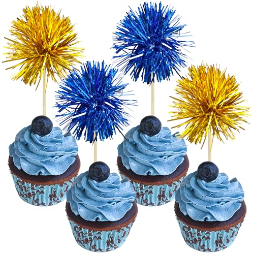 30Pcs Foil Firework Cupcake Toppers Sparkle Tinsel Cake Toppers Tinsel Drink Cake Decoration Cocktail Picks for Birthday Wedding Graduation Party Supplies Gold Dark Blue (30 Count)