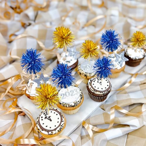 30Pcs Foil Firework Cupcake Toppers Sparkle Tinsel Cake Toppers Tinsel Drink Cake Decoration Cocktail Picks for Birthday Wedding Graduation Party Supplies Gold Dark Blue (30 Count)