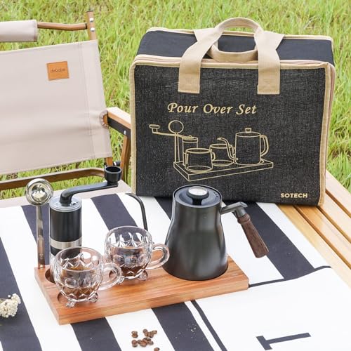 Pour Over Coffee Maker Set Chinese Tea Set Wooden Storage Tray Coffee Dripper Glass Server Coffee Scoop DIY Manual Pour Over Kit Black