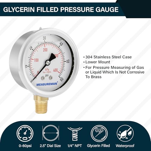 2-1/2inch Dial Size, Liquid Filled Pressure Gauge, 0-60psi/kpa, 304 Stainless Steel Case, 1/4inNPT Lower Mount