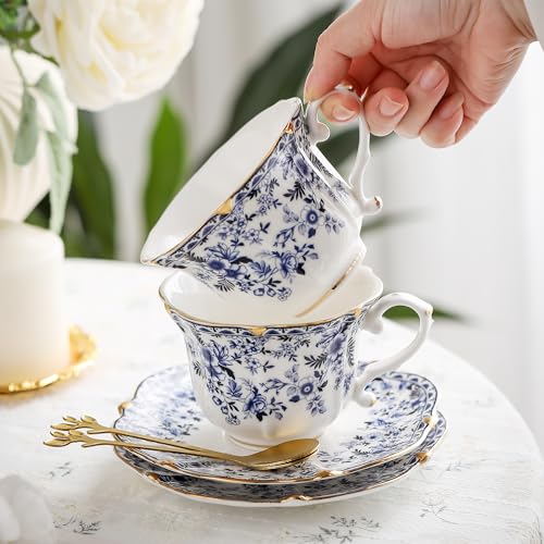 Country Roses Porcelain Tea Cup and Saucer Set with Gold Trim