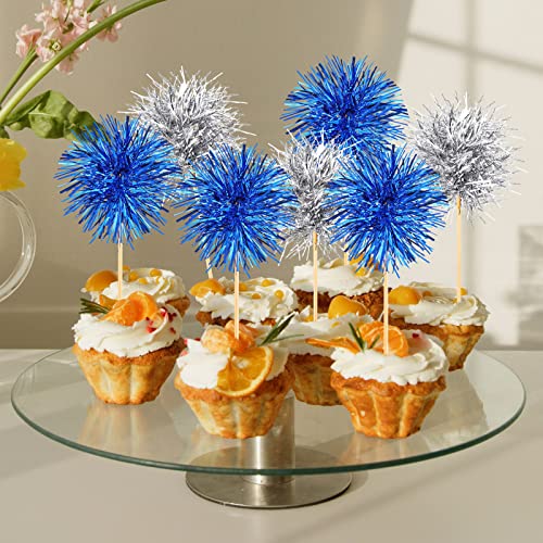 100 Pcs Foil Firework Cupcake Toppers Sparkle Tinsel Cake Toppers Cake Decoration Cocktail Fruit Toothpick for Birthday Wedding Graduation Party