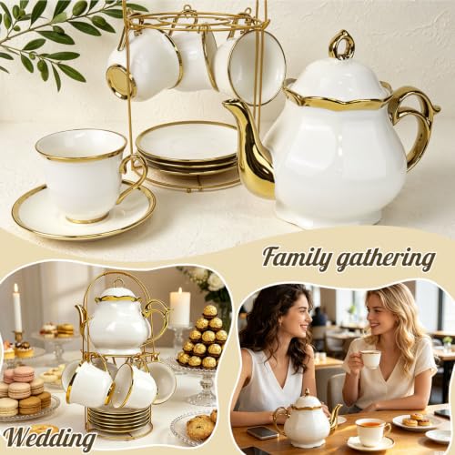 20 Pcs Porcelain Tea Set with Metal Holder (20 Count)
