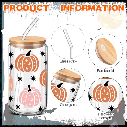 12 Pcs Halloween Ghost Glass Cups Bulk 16 oz Cute Pink Spooky Iced Coffee Cup with Lids Straws Pastel Pumpkin Bat Tumbler Funny Halloween Mug Gifts Boo Basket Stuffers for Her Women Adults (12 Count)