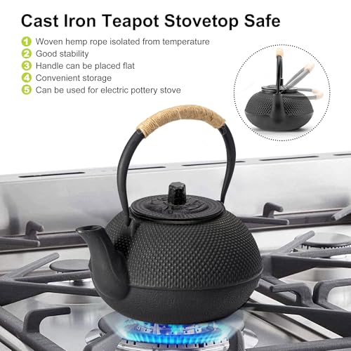 Japanese Tetsubin Cast Iron Teapot Tea Kettle pot with Stainless Steel Infuser for Stovetop Safe Coated with Enameled Interior 30 oz