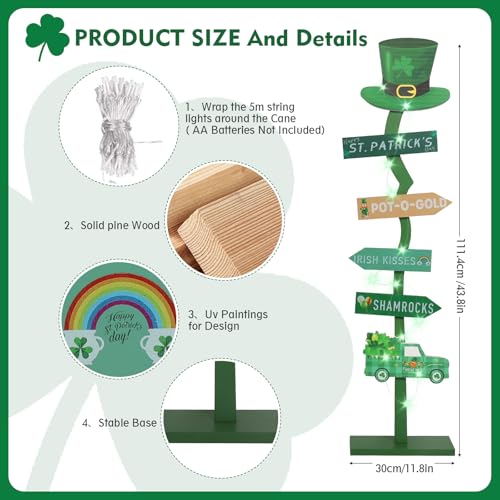 43.8" Lighted Wooden St. Patrick's Day Porch Sign Leprechaun Hat Shamrock Irish Train Standing Signs With Base For Indoor Outdoor Yard Decor
