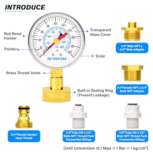 0~200Psi 3 4" Female Water Pressure Kit Plus 5 adapters