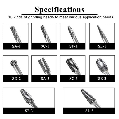1 4" Shank 10pcs Double Cut Solid Carbide Rotary Burr Set (10 Count)