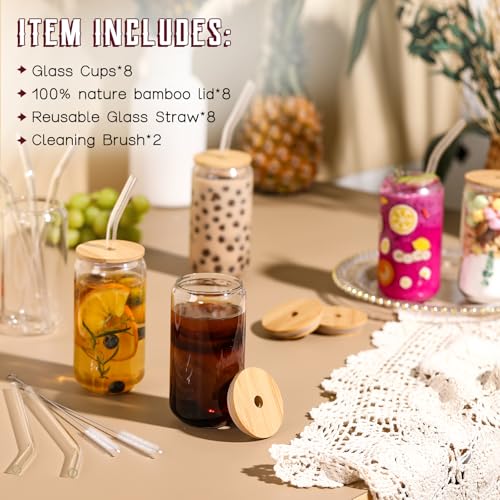 8pcs Set ] Drinking Glasses with Bamboo Lids and Glass Straw (8 Count)