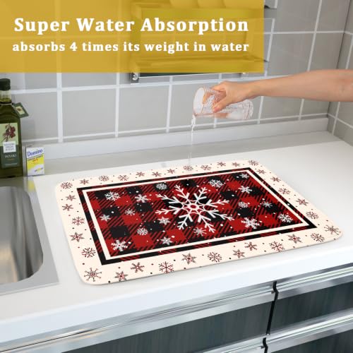18"x24" Christmas Snowflakes Dish Drying Mat Xmas Red Black Buffalo Plaids Winter Snow Dish Drainer Mats Microfiber Reversible Dish Drying Rack Pad for Kitchen Countertop Tabletop Decor