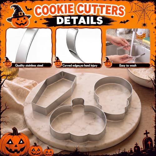 3 Pcs 7.5 Inch Large Halloween Cookie Cutters Set Extra Large Pumpkin Coffin Skull Shapes Stainless Steel Metal Giant Cookie Cutters Molds for Halloween Day Baking Party Kitchen Accessories (3 Count)