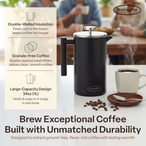 Non Toxic Insulated Stainless Steel French Press Coffee Maker 34oz