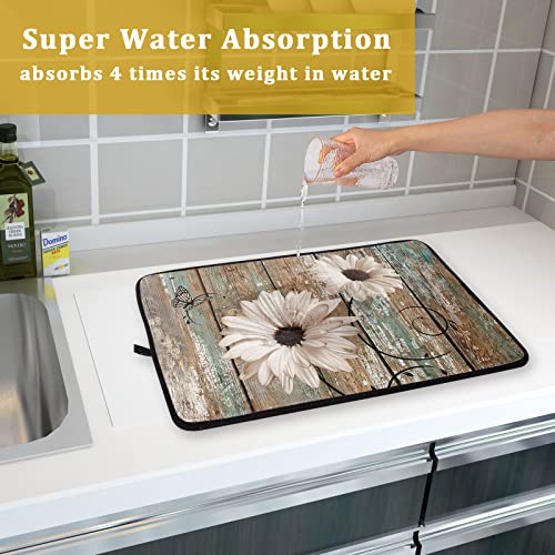 Rustic Daisy Board Dish Drying Mat for Kitchen Countertop 18x24 inch Sunflower on Wooden Plank Dish Drainer Mats Fast Drying Country Shabby Chic Flower Dish Pad Vintage Kitchen Decor Large