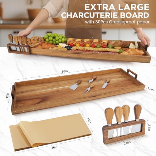 Acacia Wood Large Charcuterie Board 36x12 Inch with Cheese Knife Set