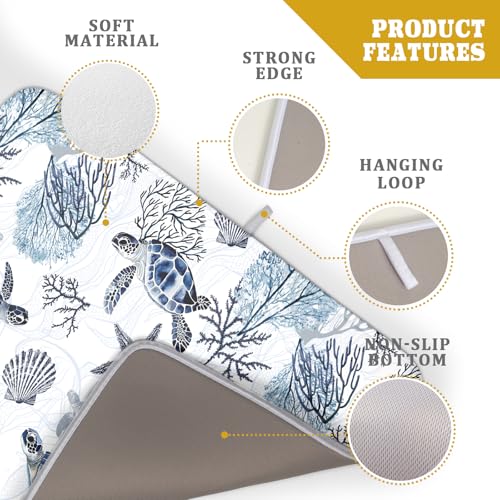 18"x24" Coastal Sea Turtles Dish Drying Mat Nautical Ocean Tortoise Coral Starfish Dish Drainer Mats for Kitchen Microfiber Reversible Dish Drying Rack Pad for Countertop Tabletop Decor