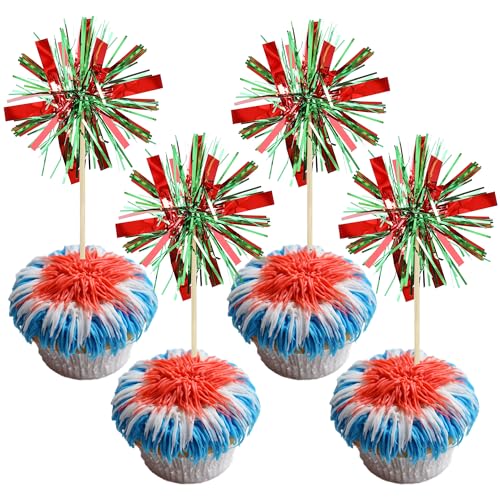 20Pcs Foil Firework Cupcake Toppers Happy Birthday Cake Toppers Tinsel Flower Drink Stirrers Cocktail Food Fruit Toothpicks for Valentine's Day Party Birthday Wedding Supplies Green Red (20 Count)