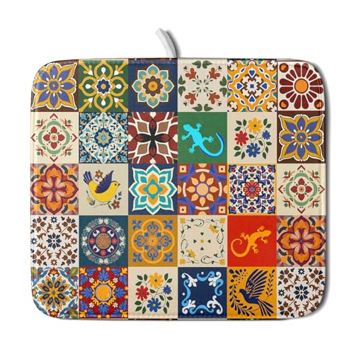 Mexican Tile Dish Drying Mat 16"x18" Talavera Boho Floral Print Dish Drainer Mats Rustic Ethnic Traditional Reversible Small Dish Drying Pad Protector for Kitchen Countertop Decor