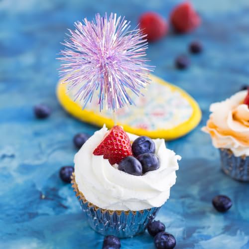 30Pcs Foil Firework Cupcake Toppers Party Birthday Cake Toppers Supplies Sparkle Tinsel Cocktail Fruit Toothpick for Birthday Wedding Graduation Party Purple (30 Count)