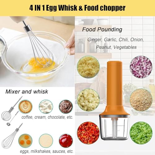 4-in-1 Electric Hand Mixer, Electric Whisk, Mini Onion Chopper 10Oz, Small Cordless Hand Blender, Milk Frother Wand for Coffee, Matcha, 4 Speed Rechargeable Food Processor for Baby Food Maker