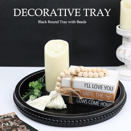 Round Black Wood Serving Tray with Beads