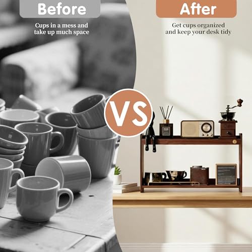 Wooden Cup Holder 2 Tier Walnut Shelf Organizer