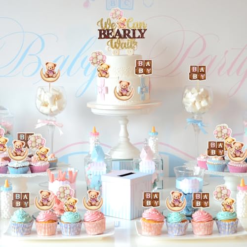 Pink Bear Cupcake Toppers We Can Bearly Wait Cake Cupcake Topper (25 Count)