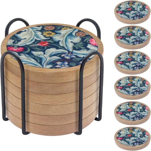 6 Pack Absorbent Coasters Set with Holder Wood Coasters for Drinks Housewarming Gifts for Home Decoration Cup Coasters for Coffee Tabletop Protection 4.3 Inch