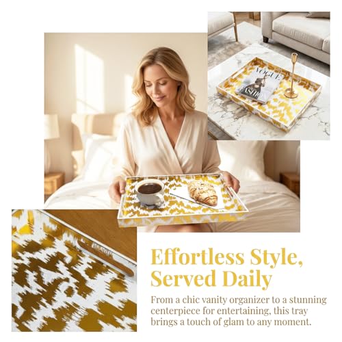 White & Gold Glitter Abstract Serving Tray with Handles