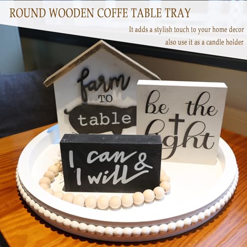 Round Wood Serving Tray with Beaded