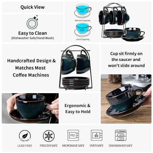 Stackable Cappuccino Cup Set of 4 [8oz] Activated Glazed Ceramic Coffee Cup (3.67 Count)