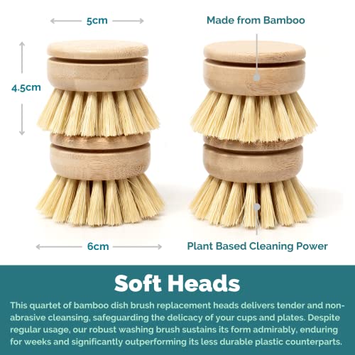 Soft Replacement Dish Brush Heads • 4 Pack Sisal Refills (4 Count)