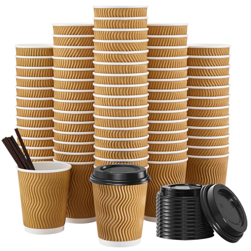 90 Pack 8 oz Disposable Coffee Cups with Lids and Straws (90 Count)