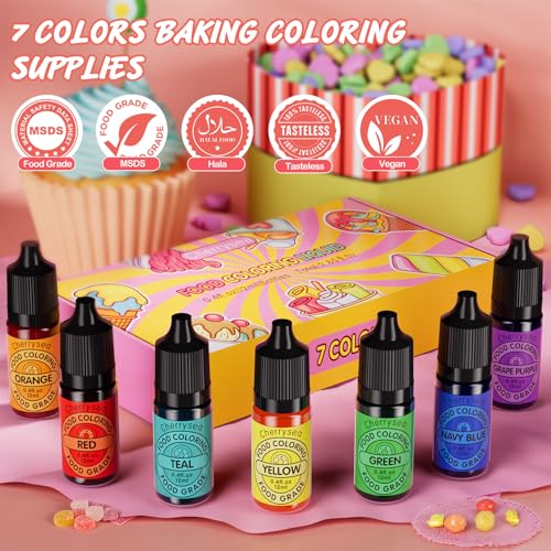 Food Coloring for Cake Decorating Rainbow Edible Food Dye for Halloween Baking Royal Icing Cookie Supplies Gluten Free 7x12ml Food Grade Liquid Food Color Kit (2.8 Fl Oz)