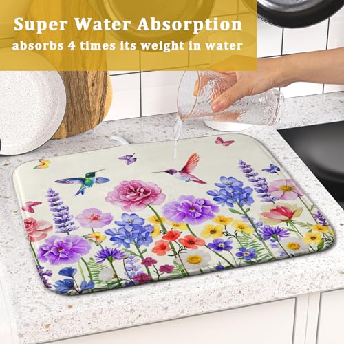 Hummingbird Flower Dish Drying Mat 16x18 inch Watercolor Spring Herb Floral Dish Drainer Mats Wildflower Plant Reversible Microfiber Dish Drying Pad for Kitchen Countertop Small Decor