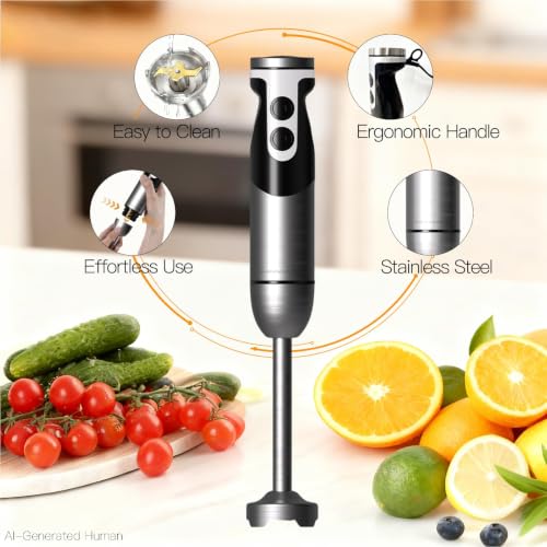 5-in-1 Hand Blender, Powerful Immersion Stick Blender with Titanium Reinforced Blades, 12-Speed Control, Includes Chopper, Beaker, Whisk & Frother for Smoothies & Baby Food